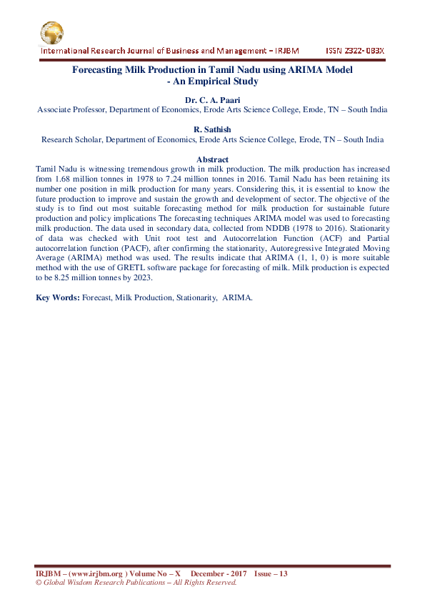 (PDF) Forecasting Milk Production in Tamil Nadu using ARIMA Model -An ...