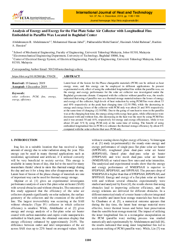 (PDF) Analysis of Energy and Exergy for the Flat Plate Solar Air ...