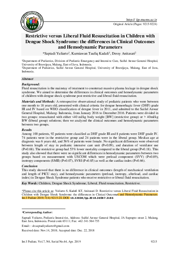 Pdf Restrictive Versus Liberal Fluid Resuscitation In Children With Dengue Shock Syndrome The Differences In Clinical Outcomes And Hemodynamic Parameters Saptadi Yuliarto Academia Edu