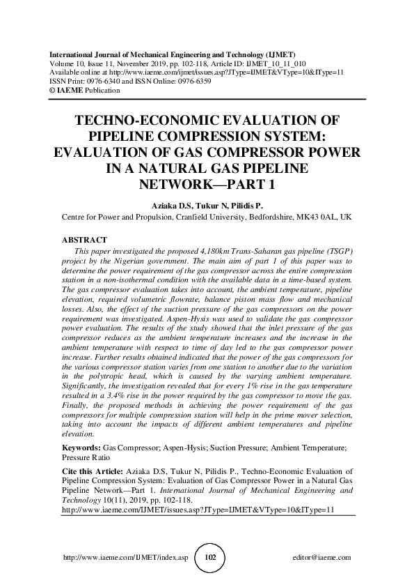 Pdf Techno Economic Evaluation Of Pipeline Compression System