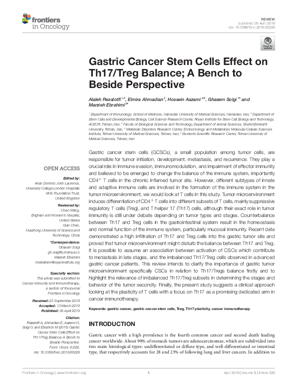 (PDF) Gastric Cancer Stem Cells Effect on Th17/Treg Balance; A Bench to ...