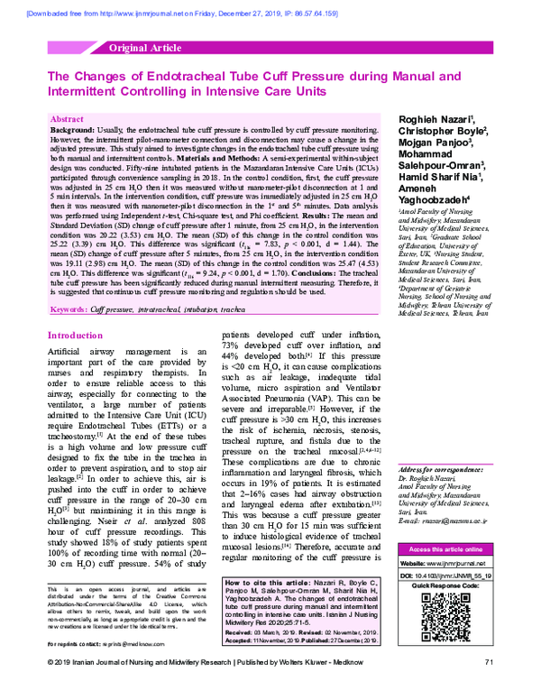 (PDF) The changes of endotracheal tube cuff pressure during manual and ...
