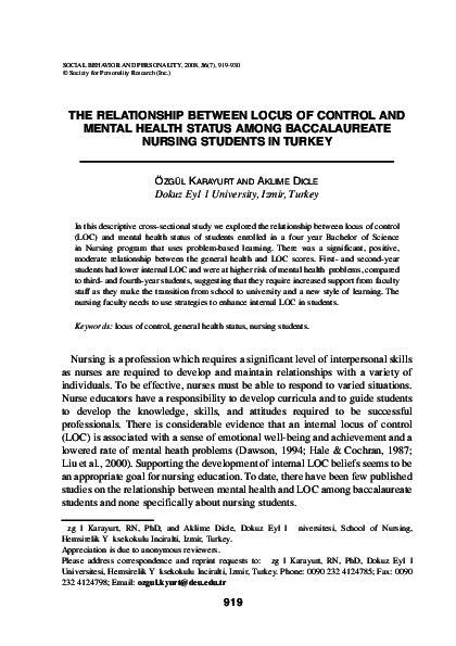 (PDF) THE RELATIONSHIP BETWEEN LOCUS OF CONTROL AND MENTAL HEALTH ...
