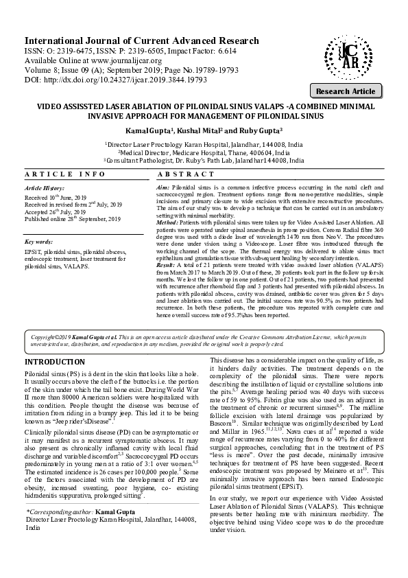 (PDF) VIDEO ASSISSTED LASER ABLATION OF PILONIDAL SINUS INVASIVE