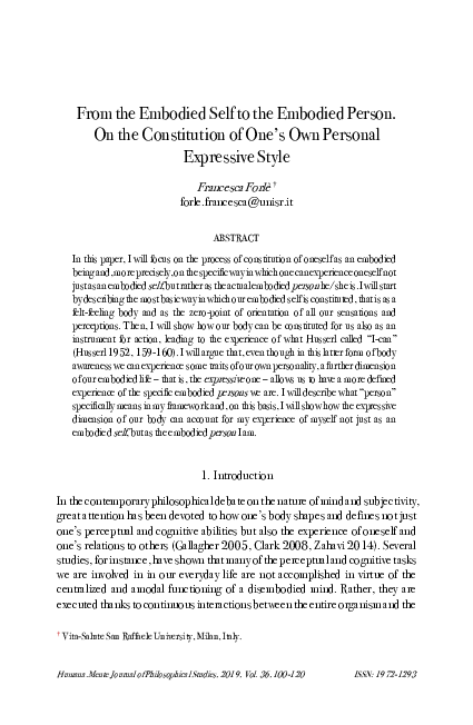 (PDF) From the Embodied Self to the Embodied Person. On the ...