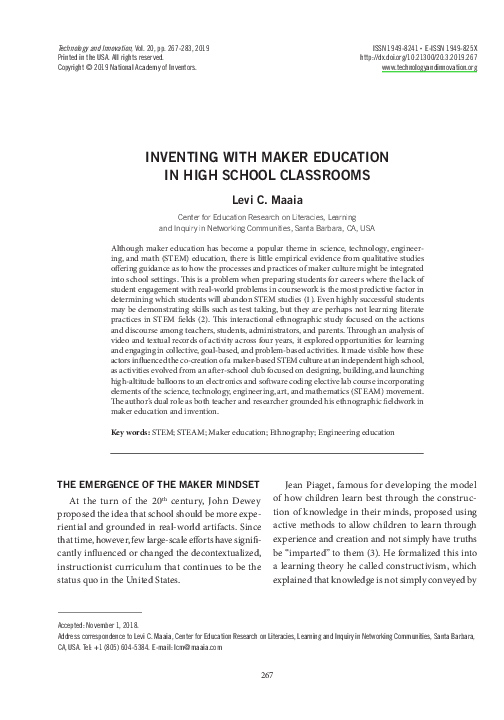 (PDF) Inventing with Maker Education In High School Classrooms