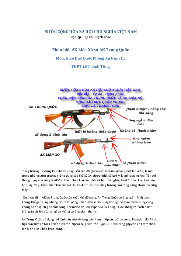 First page of “Phân biệt AK Liên Xô và AK Trung Quốc môn: Gíao Dục Quốc Phòng An Ninh 11 THPT Lê Thánh Tông”