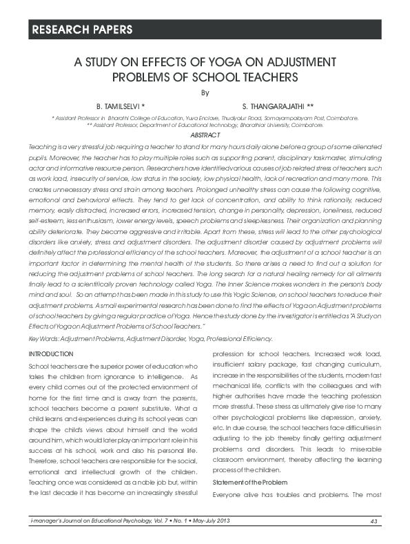 (PDF) A STUDY ON EFFECTS OF YOGA ON ADJUSTMENT PROBLEMS OF SCHOOL TEACHERS