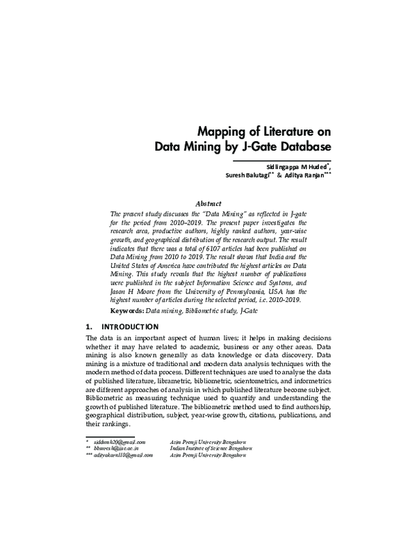 (PDF) Mapping of Literature on Data Mining by JGate Database Suresh