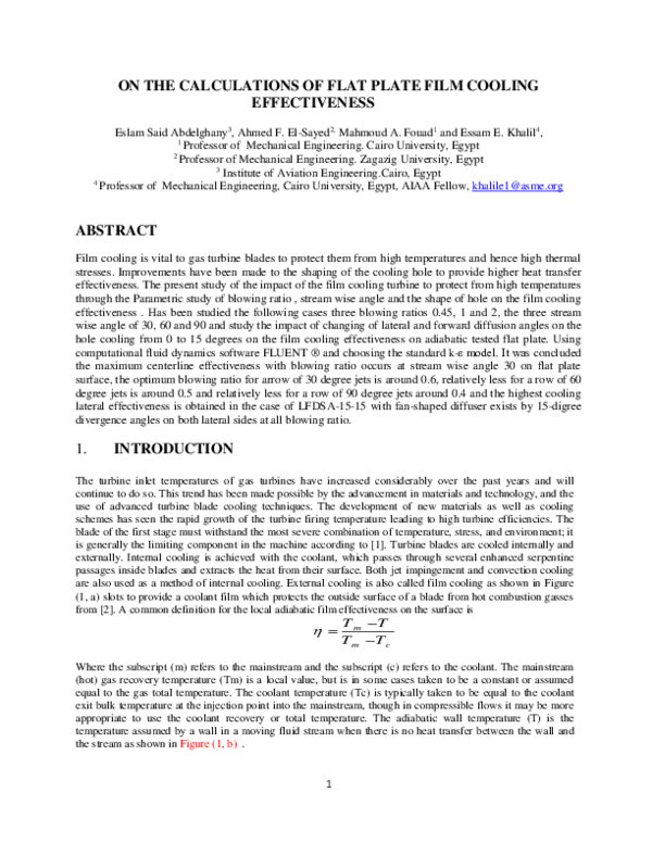 (PDF) ON THE CALCULATIONS OF FLAT PLATE FILM COOLING EFFECTIVENESS