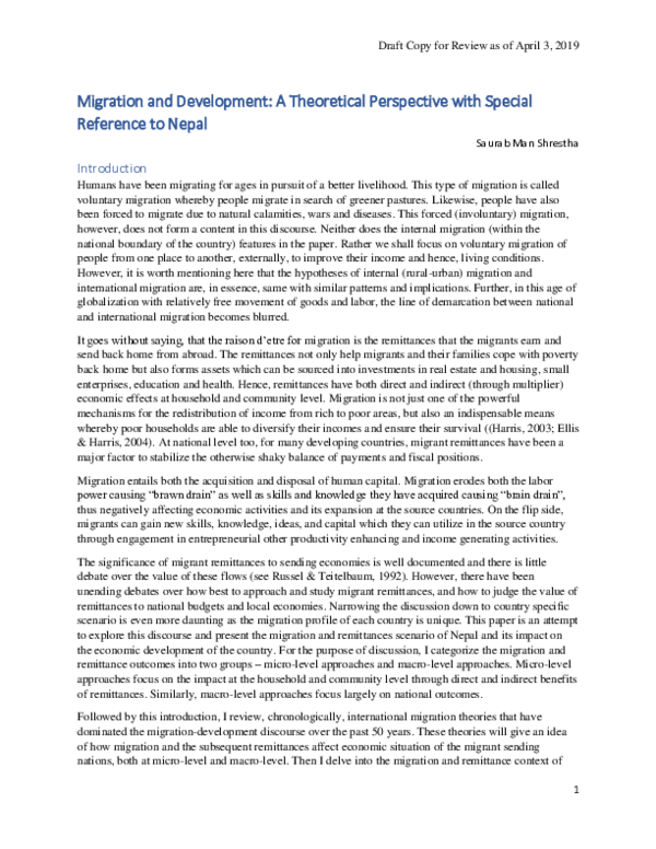 (PDF) Migration and Development: A Theoretical Perspective with Special ...