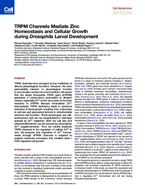 (PDF) Cell Metabolism Article TRPM Channels Mediate Zinc Homeostasis ...