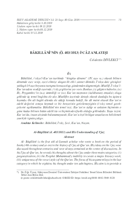 (PDF) BÂKILLÂNÎ'NİN (Ö. 403/1013) İ'CÂZ ANLAYIŞI Celalettin DİVLEKCİ