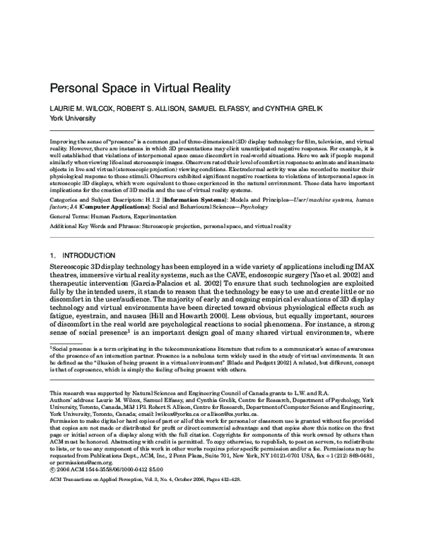 (PDF) Personal space in virtual reality