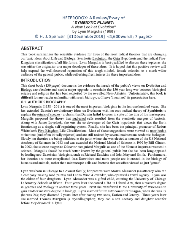 First page of “HETERODOX: A Review/Essay of Symbiotic Planet by Lynn Margulis (1998)”
