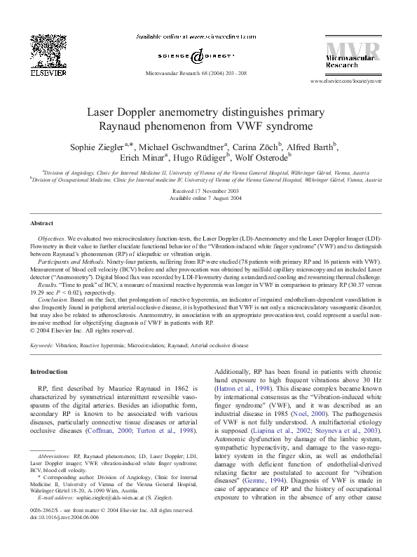 (PDF) Laser Doppler anemometry distinguishes primary Raynaud phenomenon