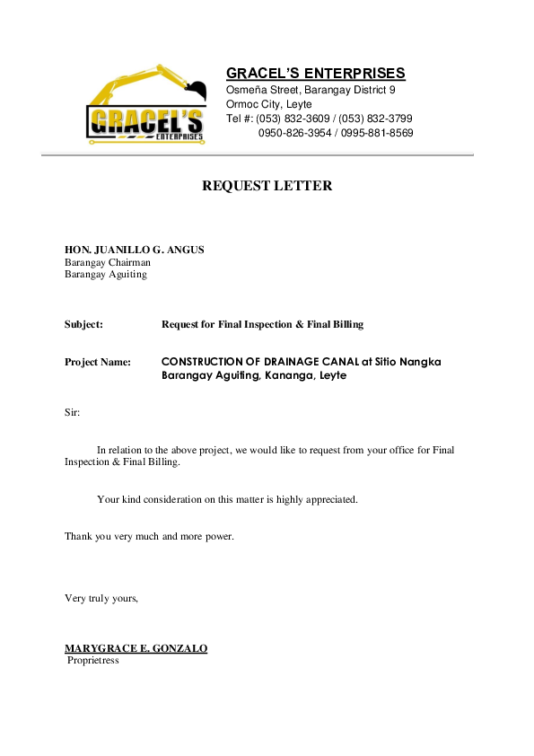 (DOC) GRACEL'S ENTERPRISES REQUEST LETTER Subject Request for Final