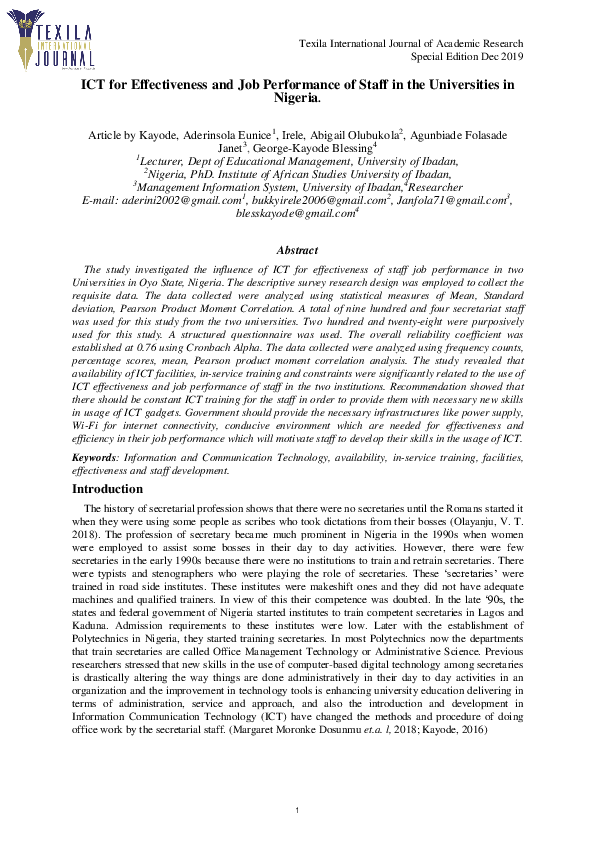 (PDF) ICT for Effectiveness and Job Performance of Staff in the ...