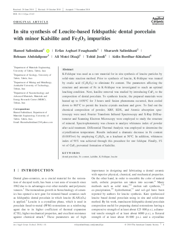 (PDF) In situ synthesis of Leucitebased feldspathic dental porcelain