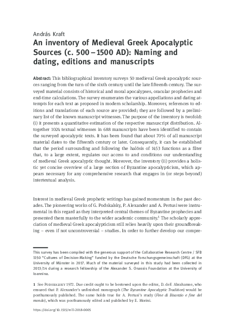 (PDF) “An inventory of Medieval Greek Apocalyptic sources (c. 500–1500 ...
