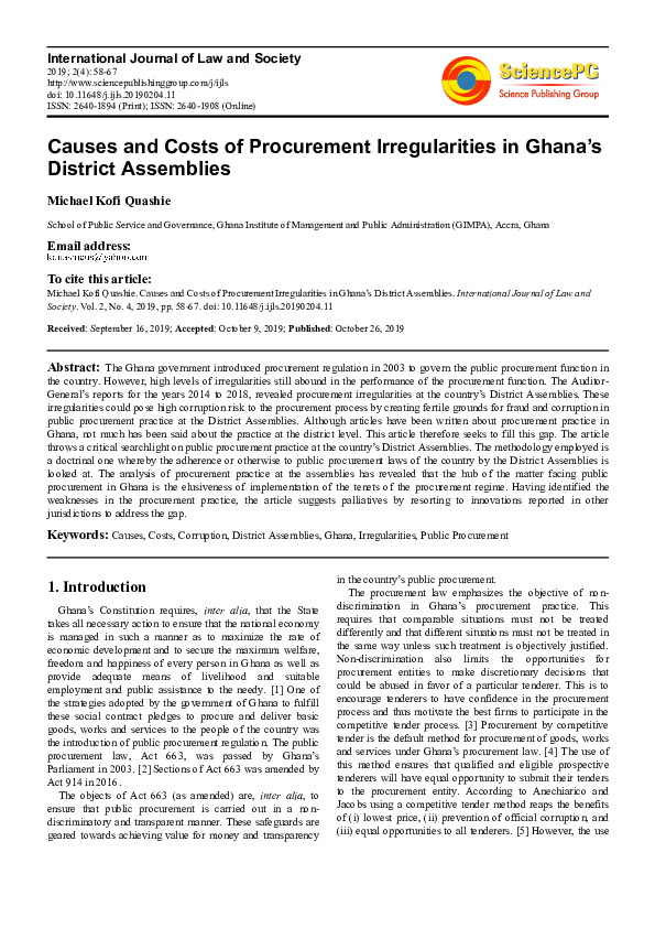 (PDF) Causes and Costs of Procurement Irregularities in Ghana's ...