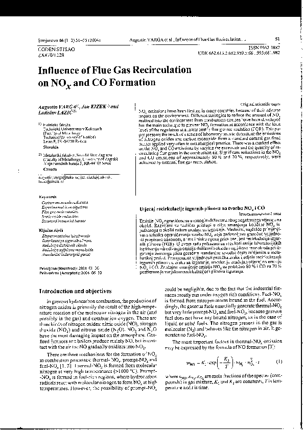 (PDF) Influence of flue gas recirculation of NOx and CO formation