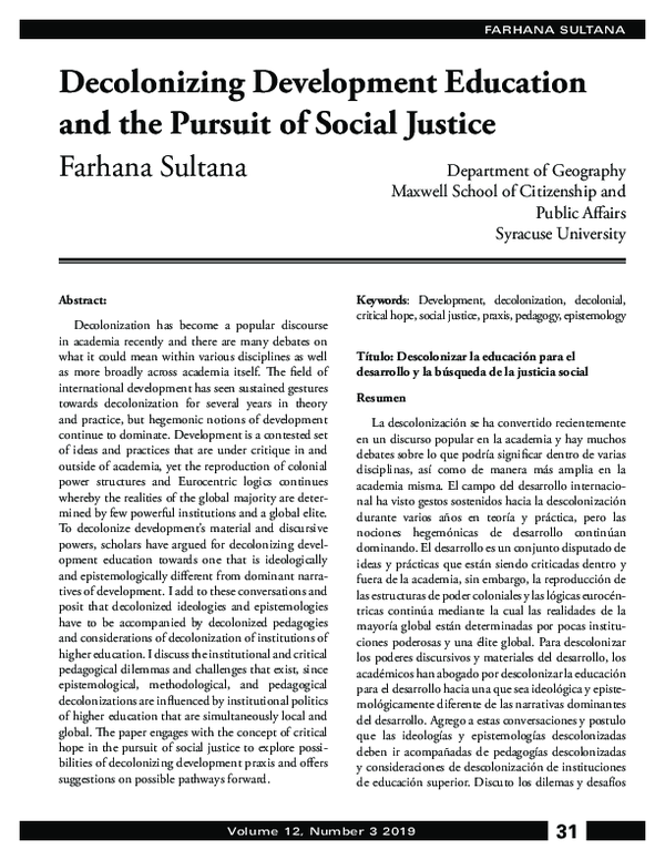 (PDF) Decolonizing Development Education and the Pursuit of Social Justice