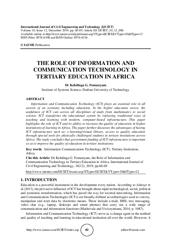 (PDF) THE ROLE OF INFORMATION AND COMMUNICATION TECHNOLOGY IN TERTIARY ...