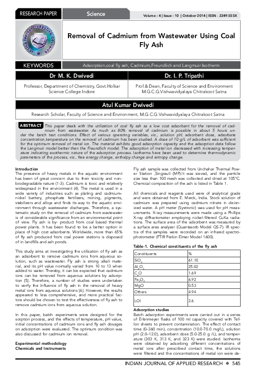 (PDF) Removal of Cadmium from Wastewater Using Coal Fly Ash
