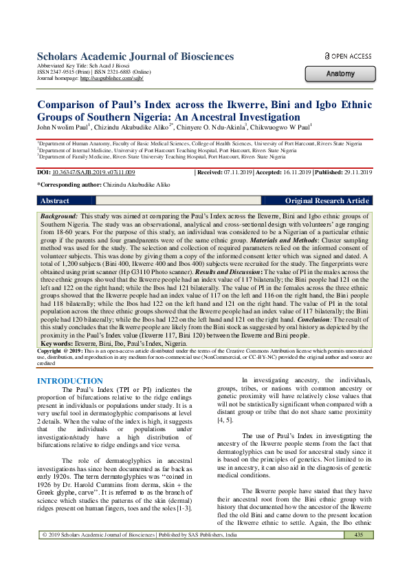 (PDF) Comparison of Paul's Index across the Ikwerre, Bini and Igbo ...
