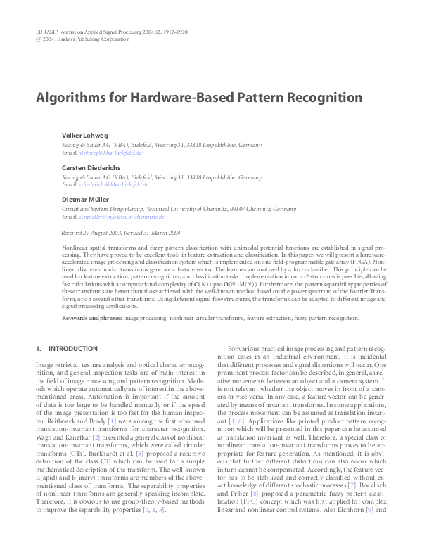 (PDF) Algorithms for HardwareBased Pattern Recognition Volker Lohweg Academia.edu