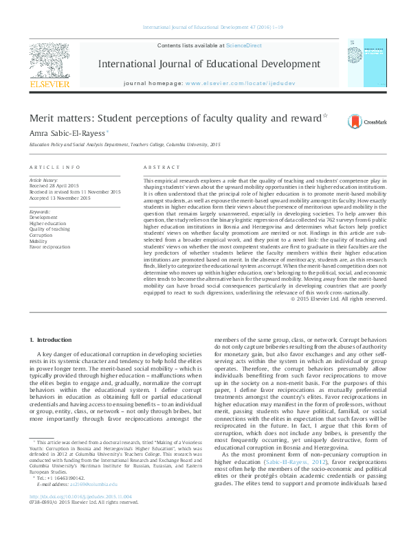 (PDF) Merit matters: Student perceptions of faculty quality and reward