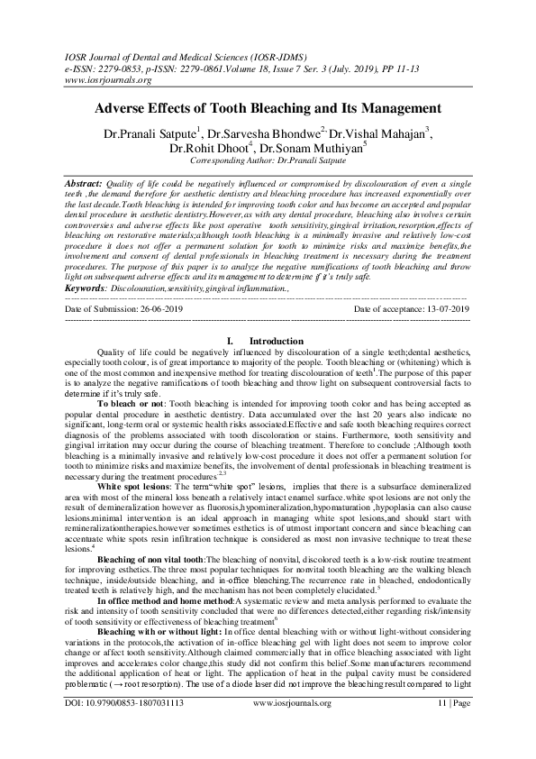 (PDF) Adverse Effects of Tooth Bleaching and Its Management IOSR