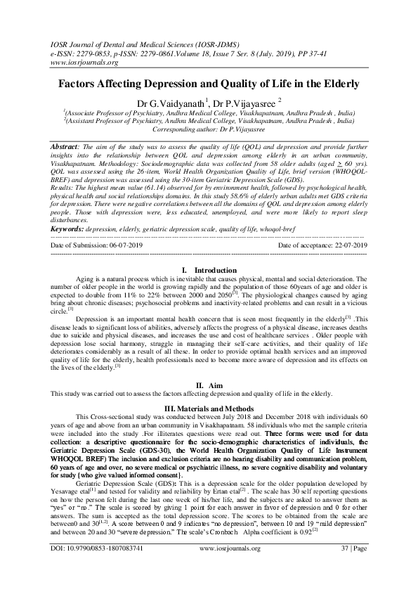 (PDF) Factors Affecting Depression and Quality of Life in the Elderly