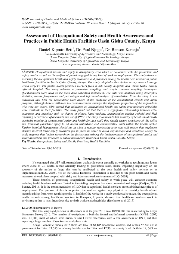 (PDF) Assessment of Occupational Safety and Health Awareness and