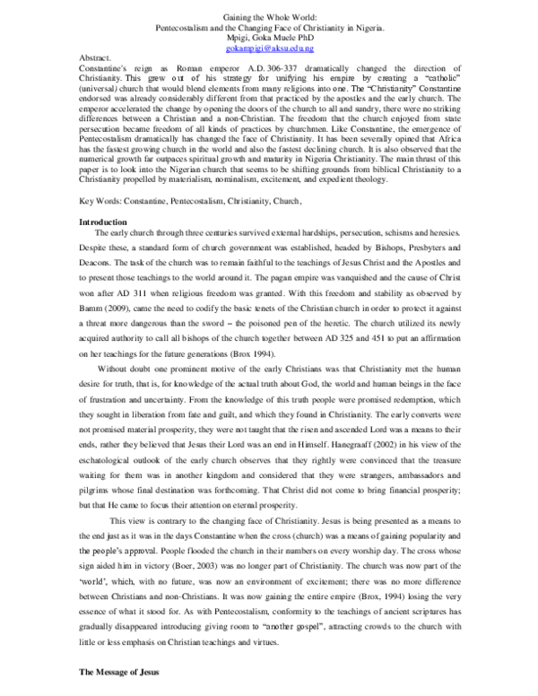 (DOC) Gaining the Whole World: Pentecostalism and the Changing Face of ...