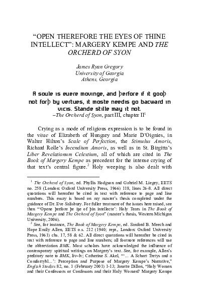 “Opene Þerfore Þe Iȝe of Þin Intellecte”: Margery Kempe and The Orcherd of Syon