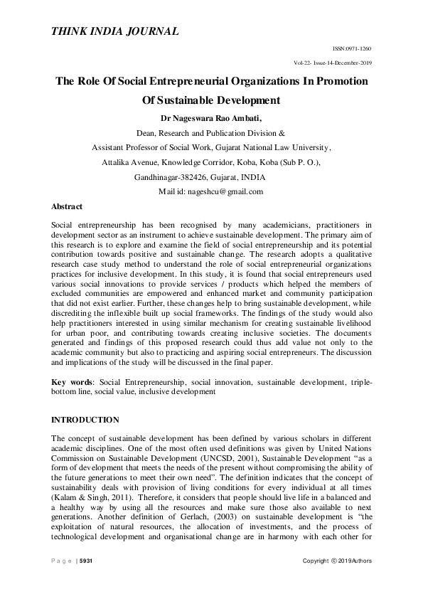 (PDF) The Role Of Social Entrepre neurial Organizations In Promotion Of ...