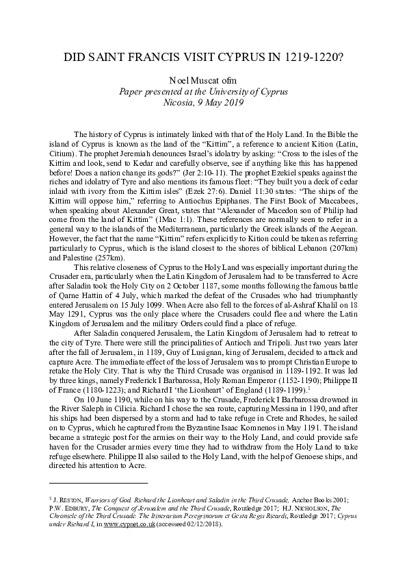 Did Saint Francis visit Cyprus in 1219-1220?