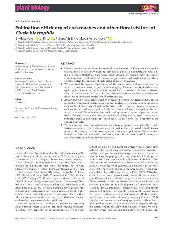 (PDF) Pollination efficiency of cockroaches and other floral visitors ...