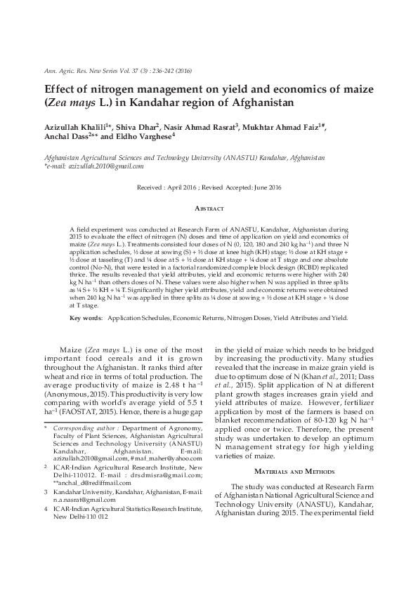 (PDF) Effect of nitrogen management on yield and economics of maize ...
