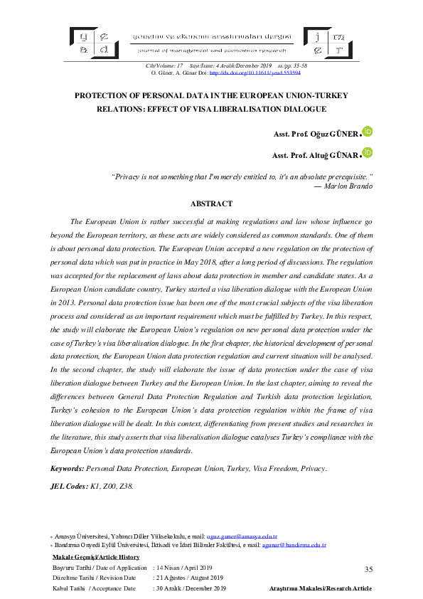 (PDF) PROTECTION OF PERSONAL DATA IN THE EUROPEAN UNIONTURKEY