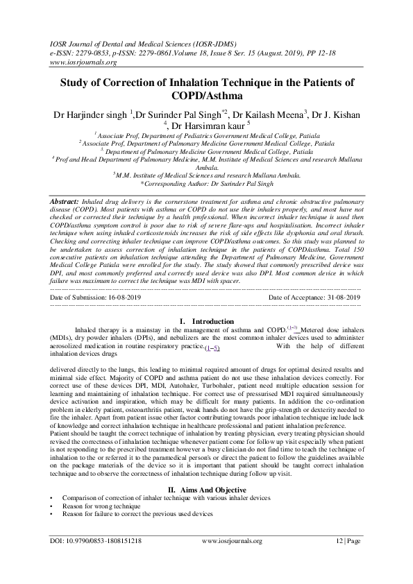 (PDF) Study of Correction of Inhalation Technique in the Patients of