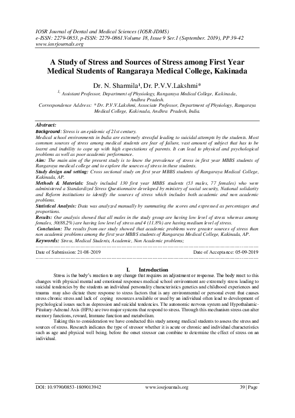 (PDF) A Study of Stress and Sources of Stress among First Year Medical ...
