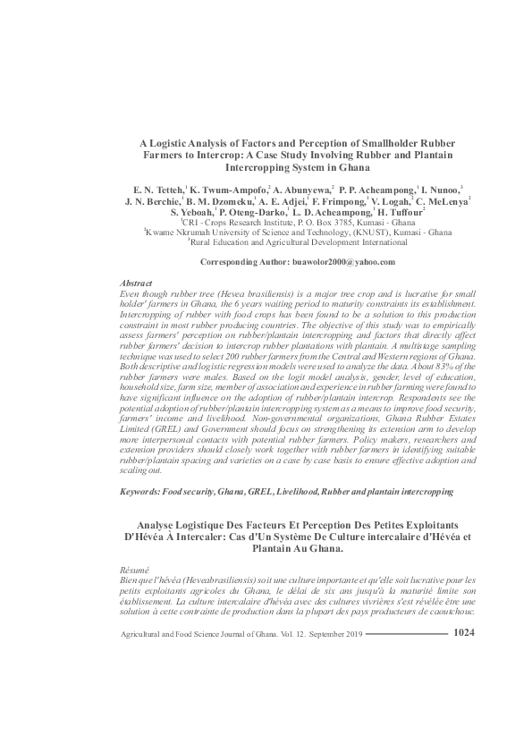 Pdf A Logistic Analysis Of Factors And Perception Of Smallholder Rubber Farmers To Intercrop A Case Study Involving Rubber And Plantain Intercropping System In Ghana Patricia P Acheampong Emmanuel A Asamoah