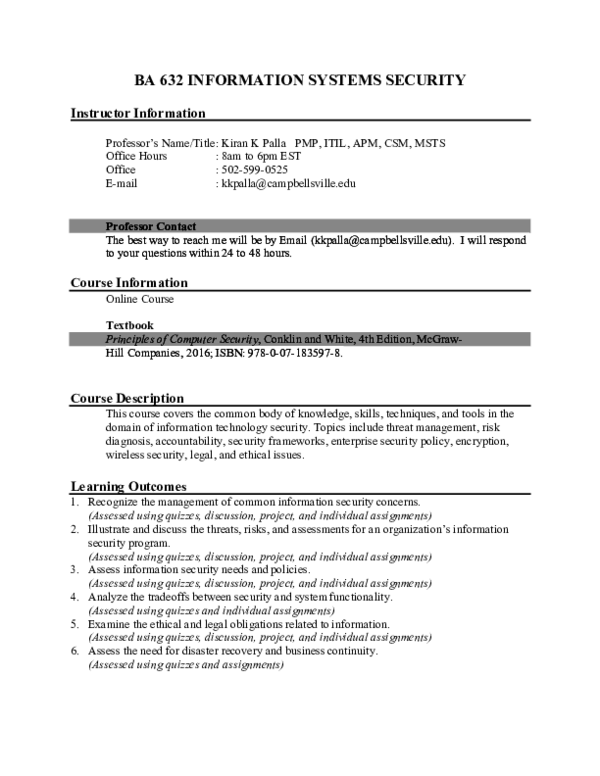 Pdf Ba 632 Information Systems Security Instructor Information Course Information Course Description Mounika Tumuganti Academia Edu