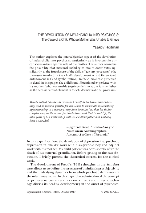 (PDF) THE DEVOLUTION OF MELANCHOLIA INTO PSYCHOSIS: The Case of a Child ...