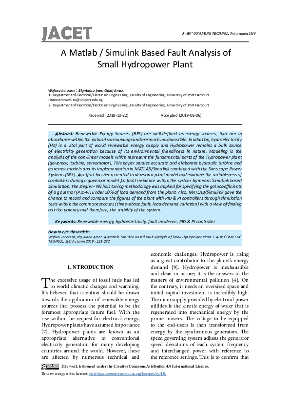 (PDF) Simulation Model of Hydro Power Plant Using Matlab/Simulink