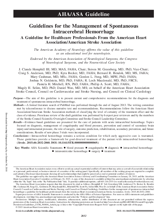 (PDF) Guidelines for the Management of Spontaneous Intracerebral Hemorrhage