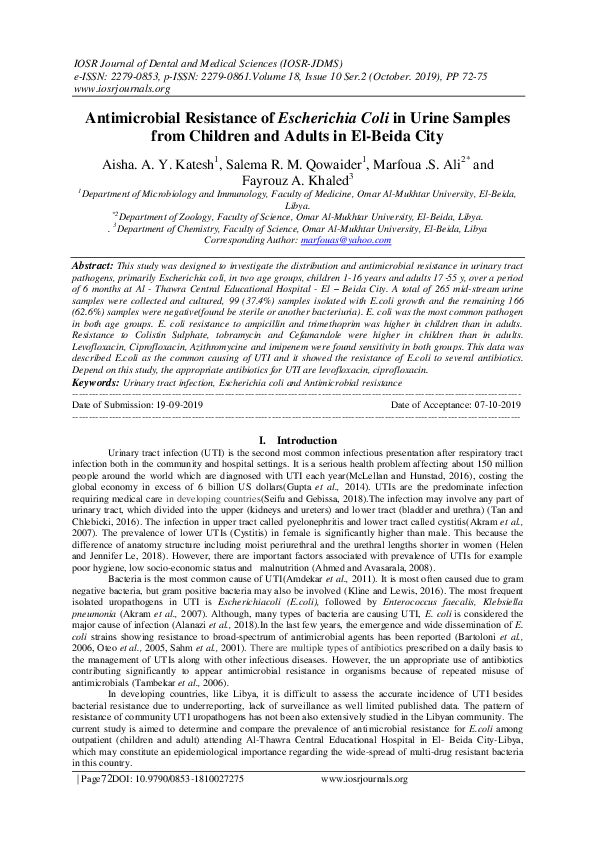 (PDF) Antimicrobial Resistance of Escherichia Coli in Urine Samples ...